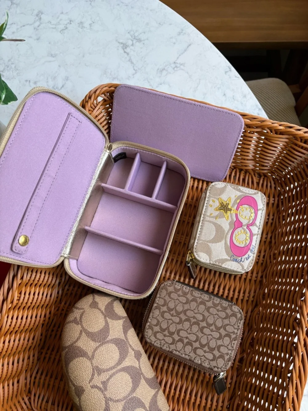 Coach Beige & Brown Signature Accessory Set with Pink Accent LOT Cases only